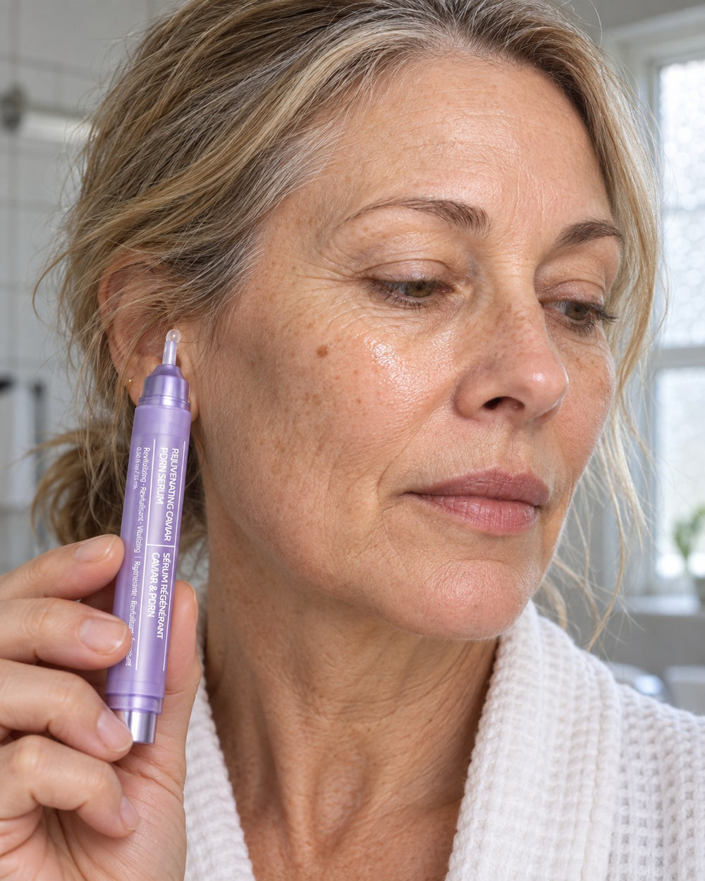 Woman in her 50s with dewy skin holding the Sylvie pen